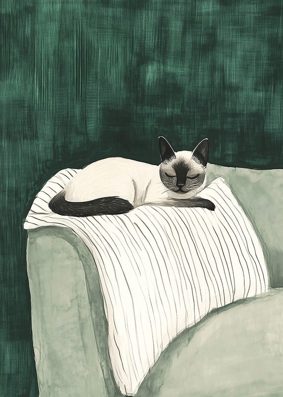 A poster of a Siamese cat resting on a striped blanket-12