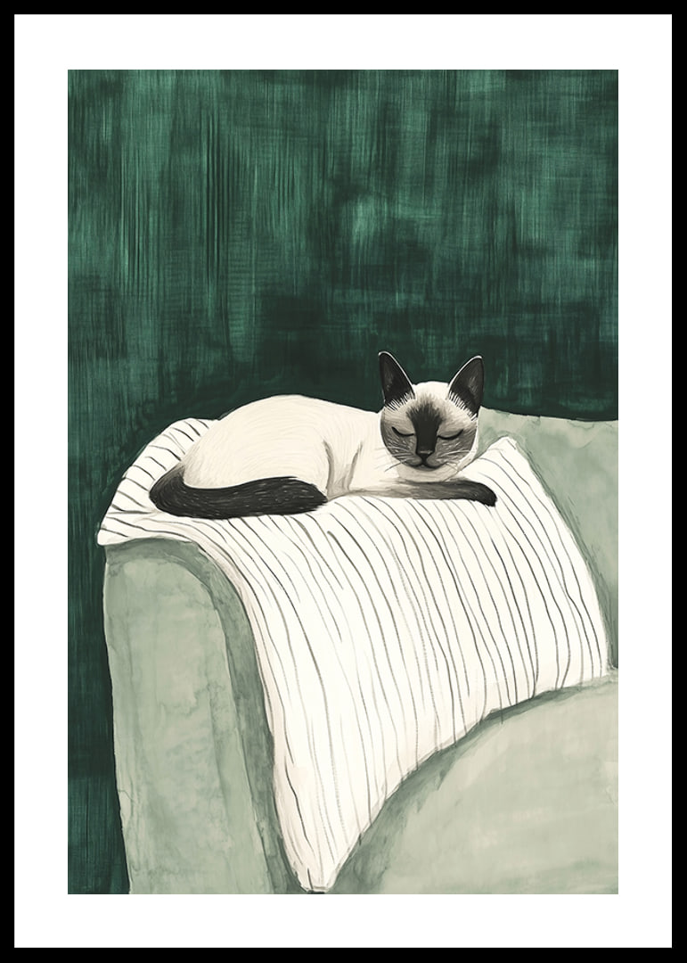 A poster of a Siamese cat resting on a striped blanket-12