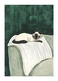 A poster of a Siamese cat resting on a striped blanket-1