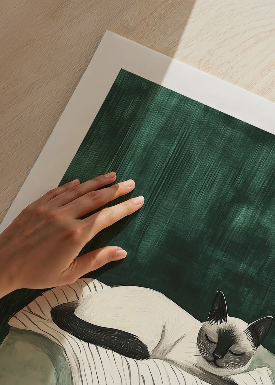 A poster of a Siamese cat resting on a striped blanket-12