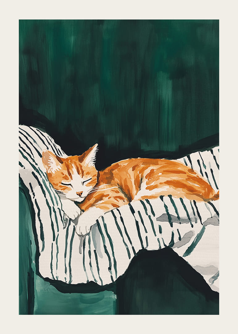 Plagát spiacej oranžovej mačky na pruhovanej deke-12