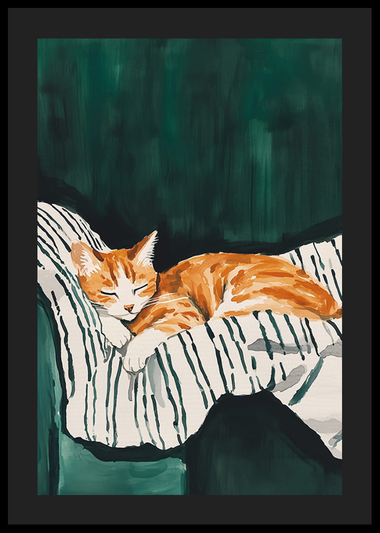Plagát spiacej oranžovej mačky na pruhovanej deke-12