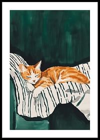 En plakat af en sovende orange kat på et stribet tæppe-0