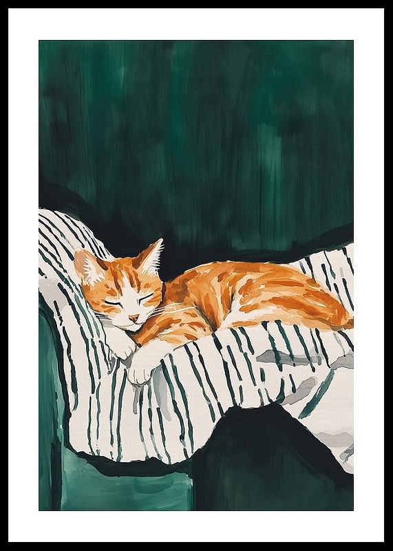 En plakat af en sovende orange kat på et stribet tæppe-12