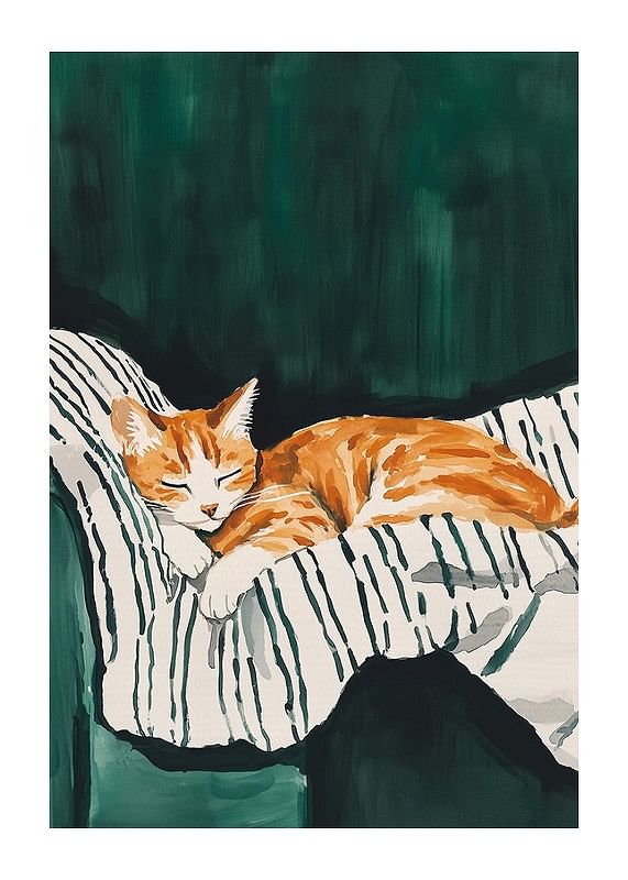 En plakat af en sovende orange kat på et stribet tæppe-12