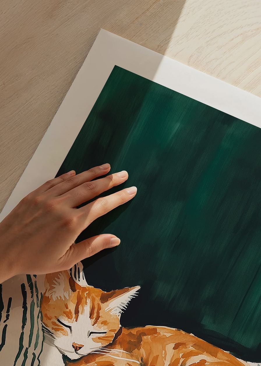 En plakat af en sovende orange kat på et stribet tæppe-12