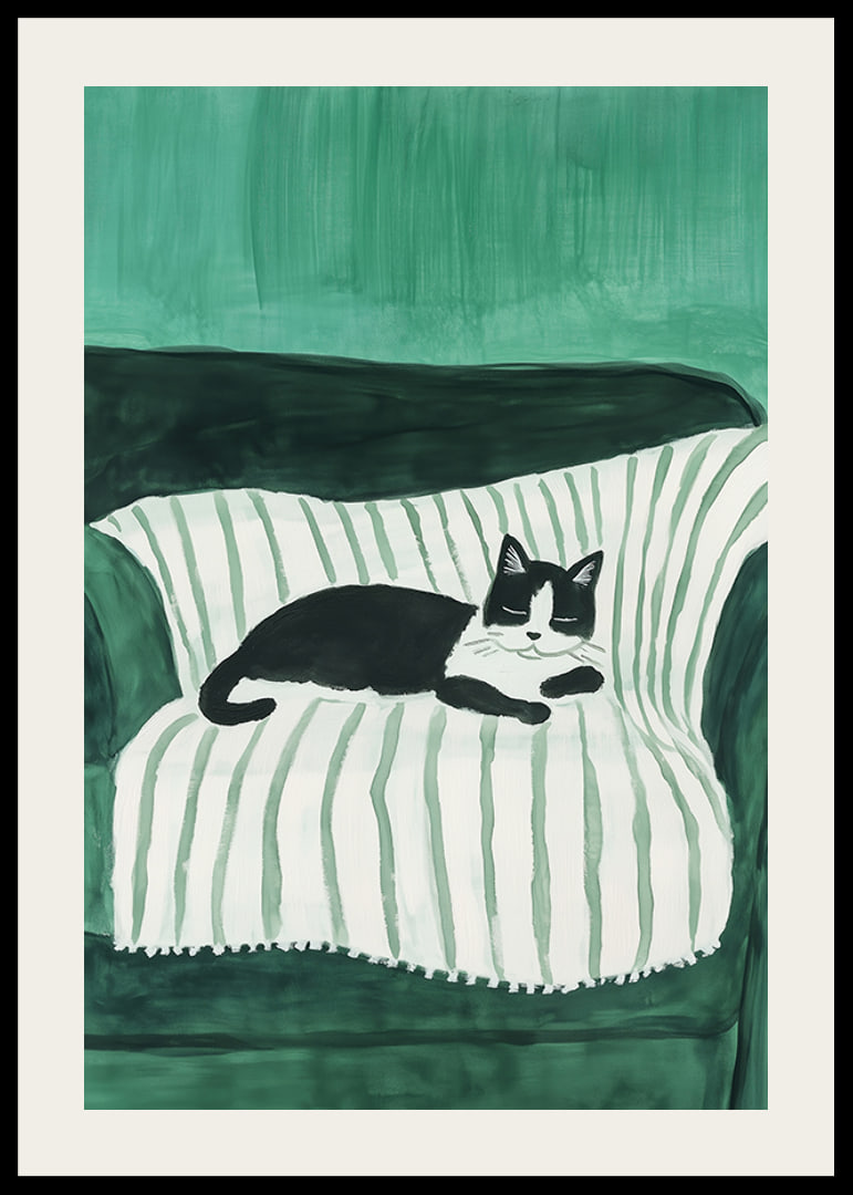 A stylish poster of a black and white cat sleeping on a striped blanket-12