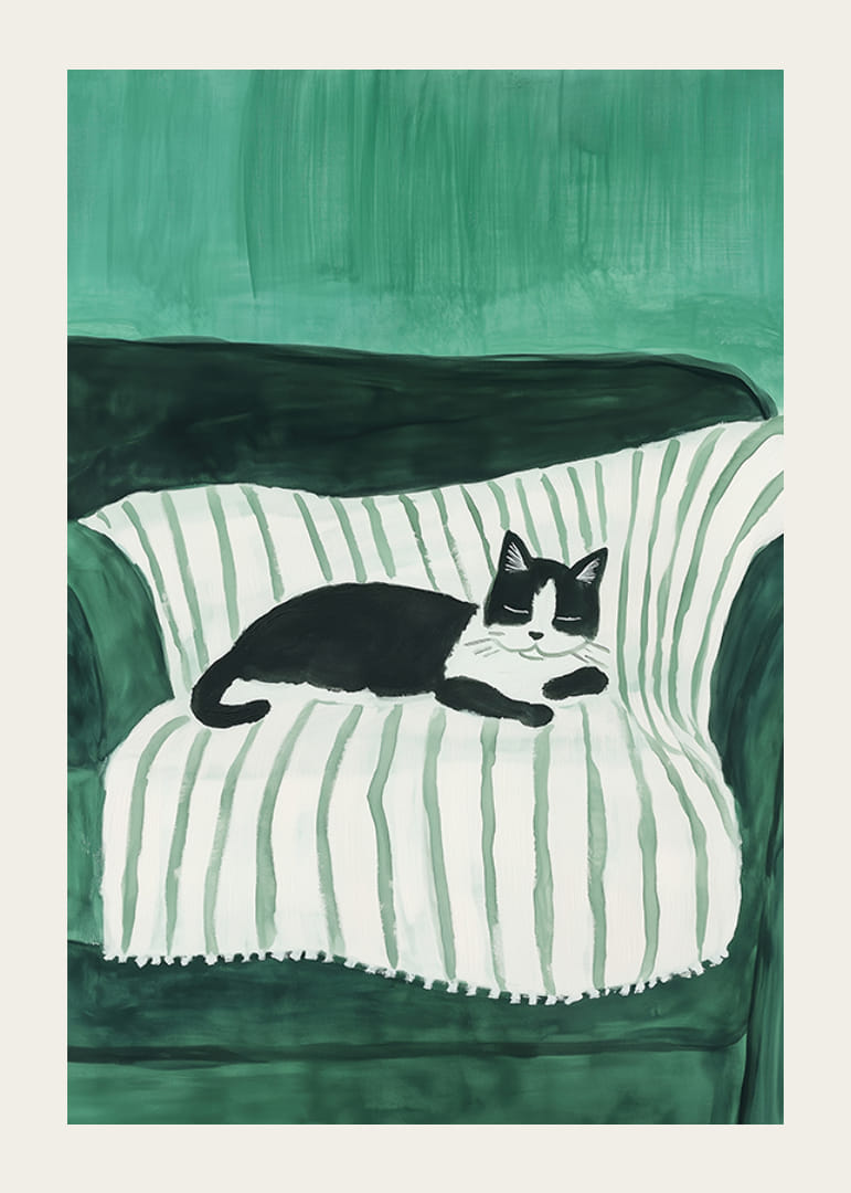 Stílusos poszter egy fekete-fehér macskáról, amint egy csíkos takarón alszik-12
