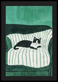 A stylish poster of a black and white cat sleeping on a striped blanket-4
