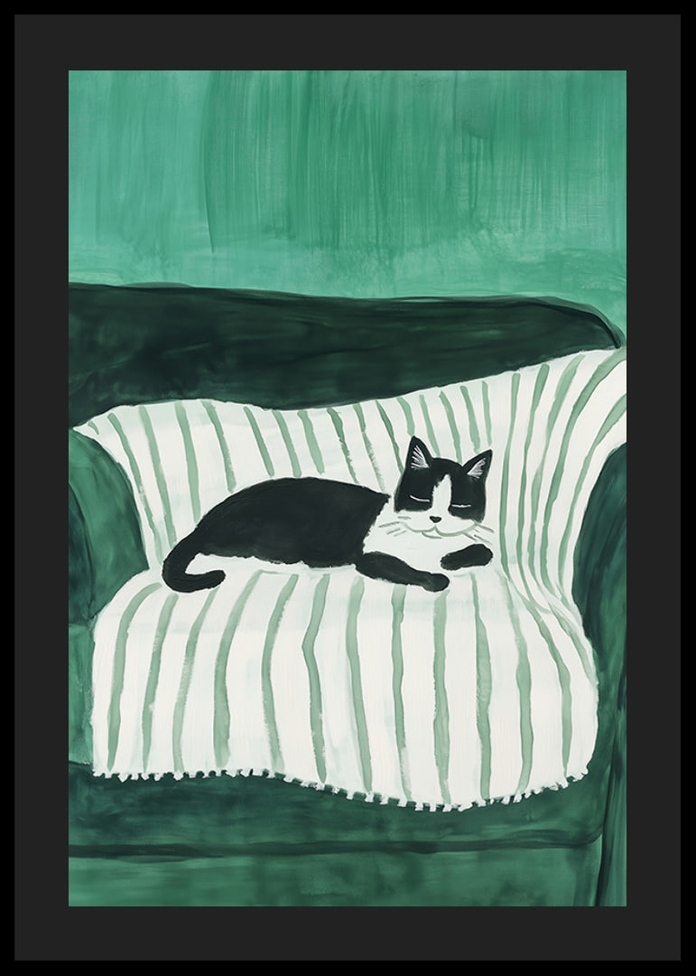 A stylish poster of a black and white cat sleeping on a striped blanket-12