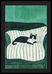 Stílusos poszter egy fekete-fehér macskáról, amint egy csíkos takarón alszik-4