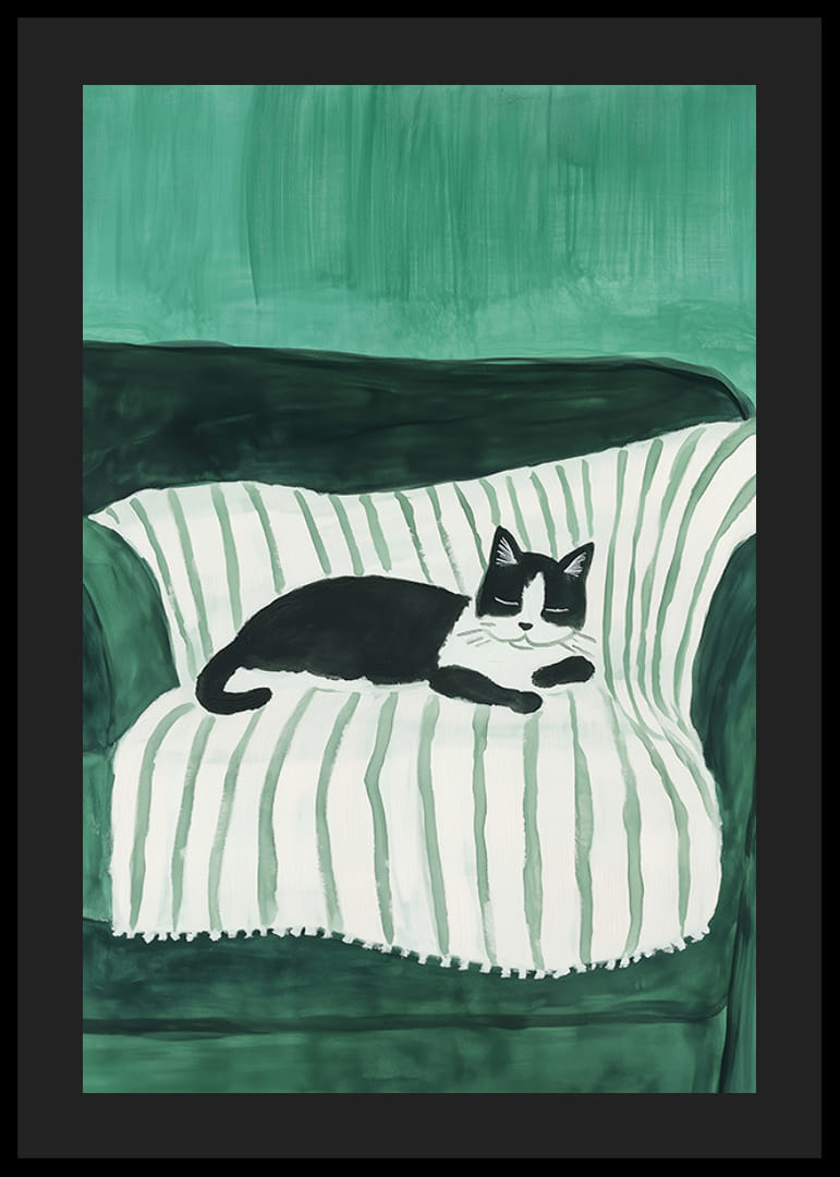 Stílusos poszter egy fekete-fehér macskáról, amint egy csíkos takarón alszik-12