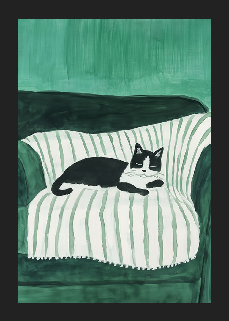 A stylish poster of a black and white cat sleeping on a striped blanket-12