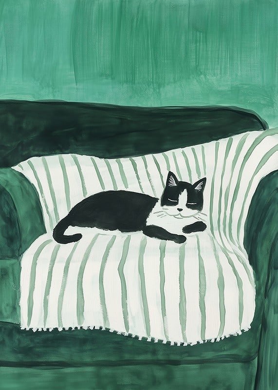 A stylish poster of a black and white cat sleeping on a striped blanket-12