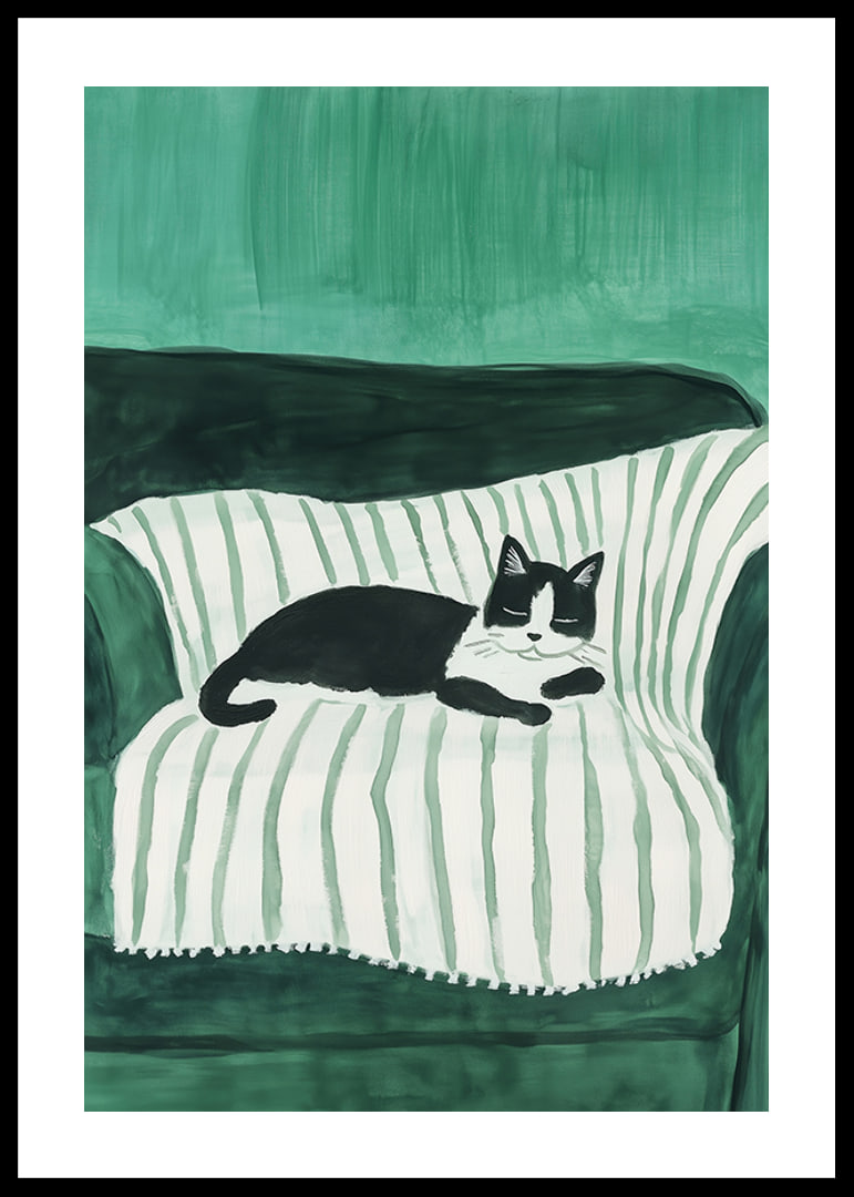 A stylish poster of a black and white cat sleeping on a striped blanket-12