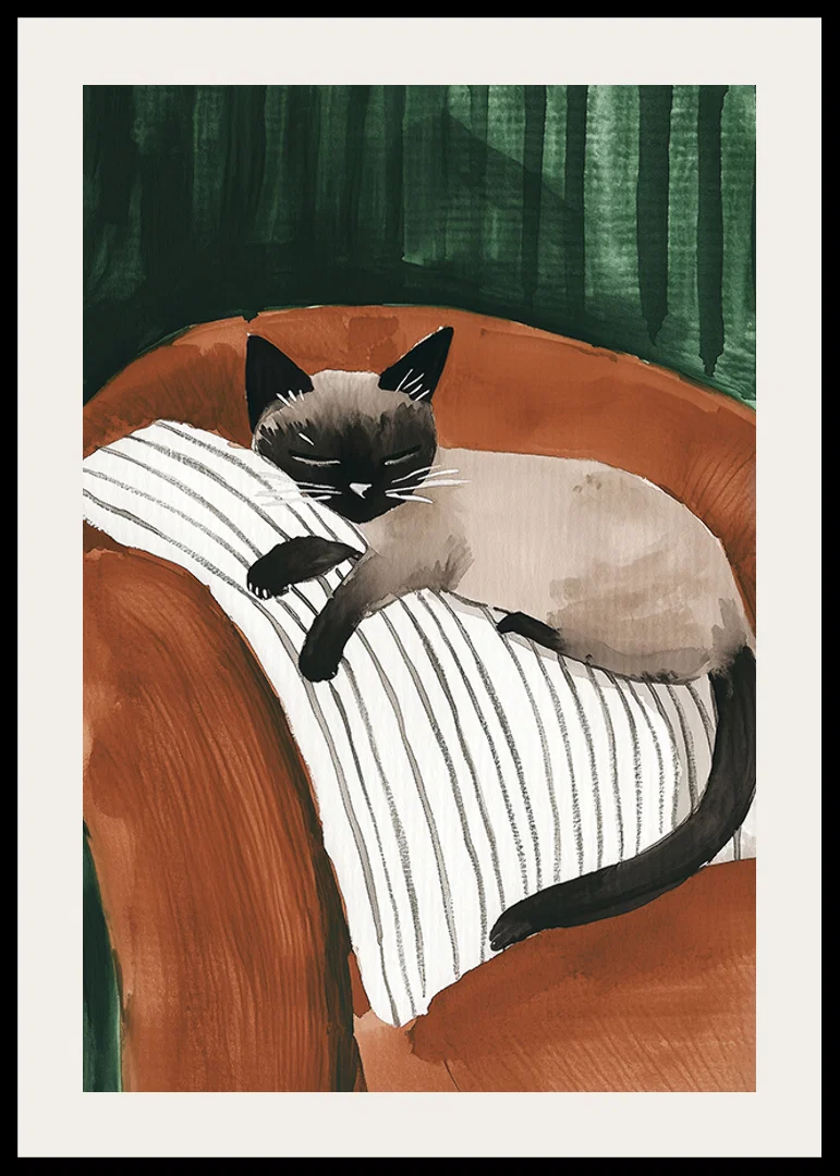 An elegant poster of a Siamese cat sleeping on a striped pillow-12