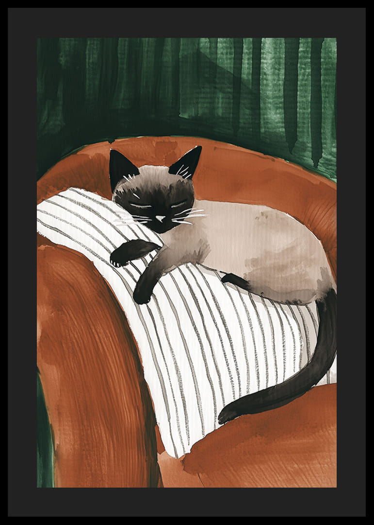Un elegante poster di un gatto siamese che dorme su un cuscino a strisce-12