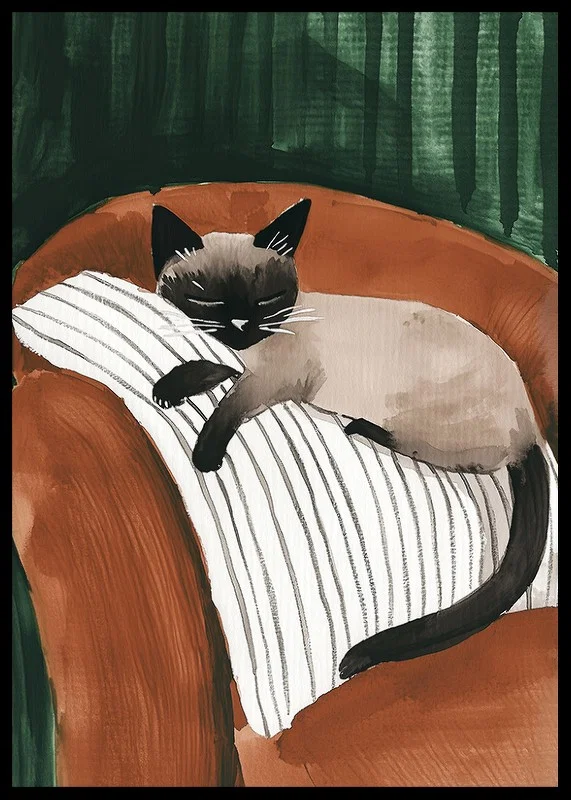 An elegant poster of a Siamese cat sleeping on a striped pillow-12