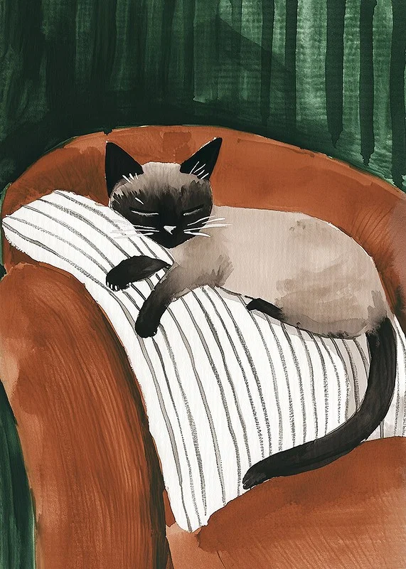 An elegant poster of a Siamese cat sleeping on a striped pillow-12
