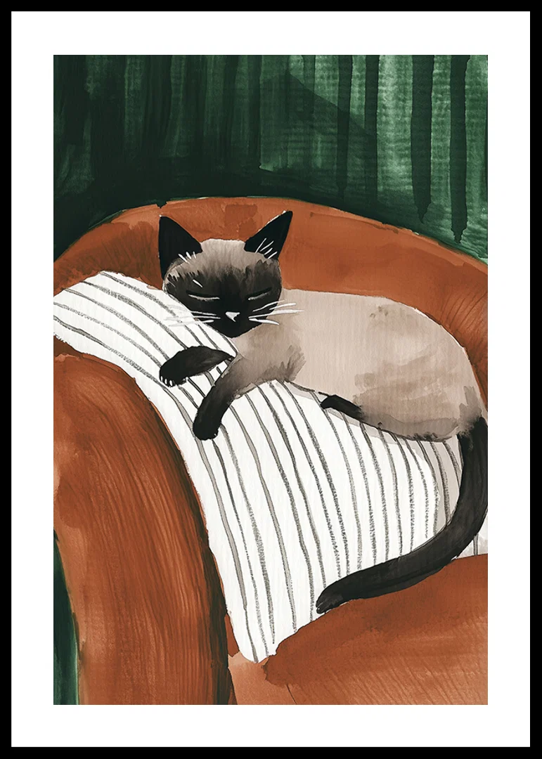 An elegant poster of a Siamese cat sleeping on a striped pillow-12