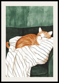 En poster av en sovande orange katt på en randig filt-2