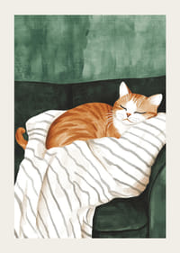 En poster av en sovande orange katt på en randig filt-3