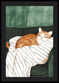 En poster av en sovande orange katt på en randig filt-4