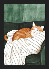 En poster av en sovande orange katt på en randig filt-5