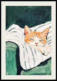 Ein Poster einer schlafenden orangefarbenen Katze auf einer gestreiften Decke-2