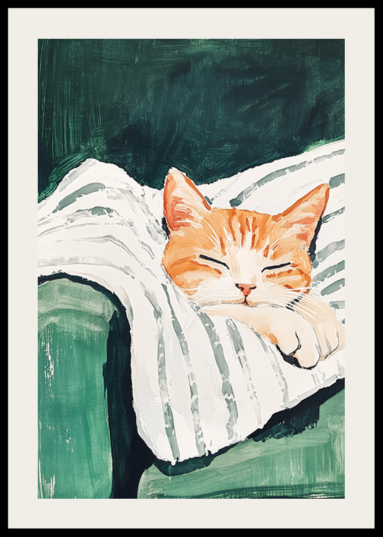 Ein Poster einer schlafenden orangefarbenen Katze auf einer gestreiften Decke-12