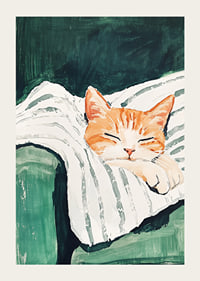 Ein Poster einer schlafenden orangefarbenen Katze auf einer gestreiften Decke-3