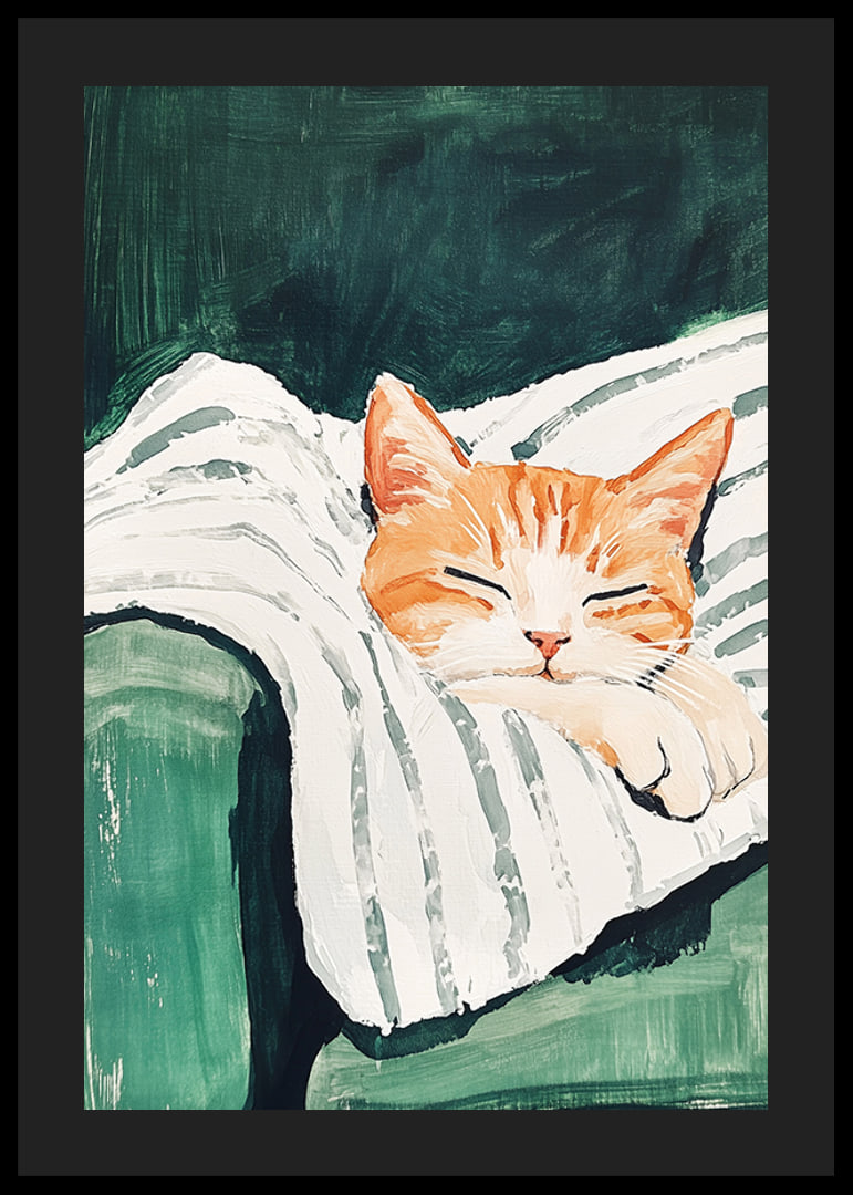 Ein Poster einer schlafenden orangefarbenen Katze auf einer gestreiften Decke-12