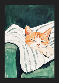 Ein Poster einer schlafenden orangefarbenen Katze auf einer gestreiften Decke-5