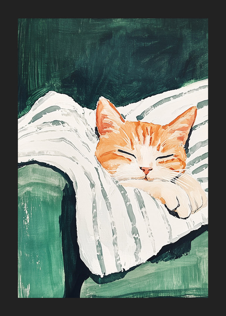 Ein Poster einer schlafenden orangefarbenen Katze auf einer gestreiften Decke-12