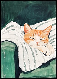Ein Poster einer schlafenden orangefarbenen Katze auf einer gestreiften Decke-6