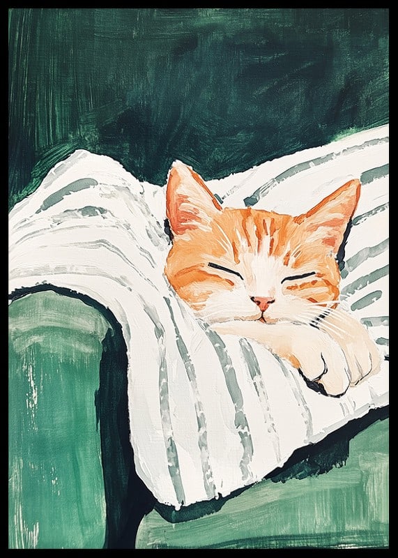 Ein Poster einer schlafenden orangefarbenen Katze auf einer gestreiften Decke-12