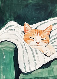 Ein Poster einer schlafenden orangefarbenen Katze auf einer gestreiften Decke-7