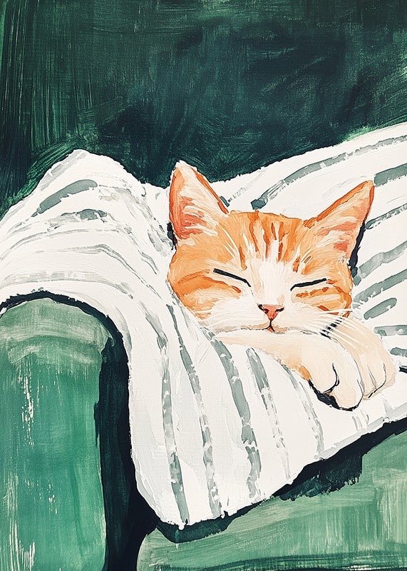 Ein Poster einer schlafenden orangefarbenen Katze auf einer gestreiften Decke-12