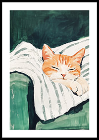 Ein Poster einer schlafenden orangefarbenen Katze auf einer gestreiften Decke-0