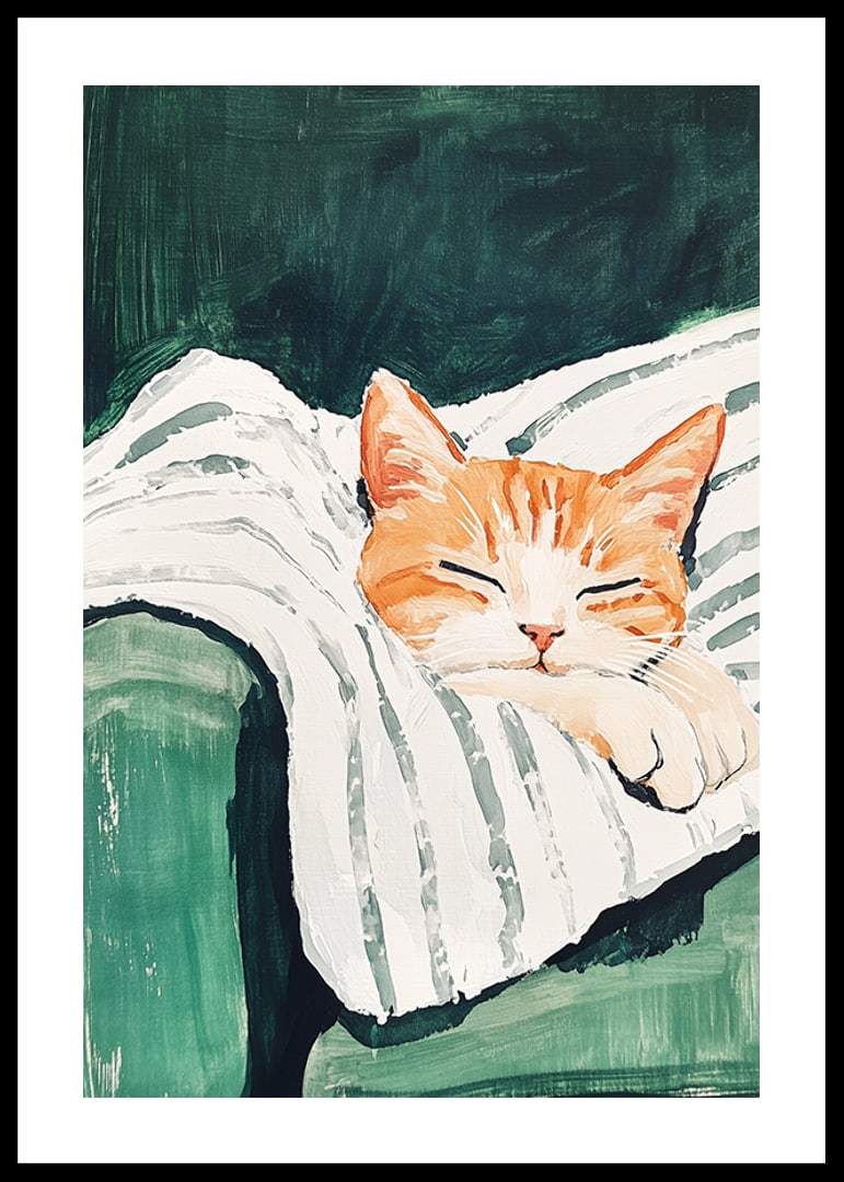 Ein Poster einer schlafenden orangefarbenen Katze auf einer gestreiften Decke-12