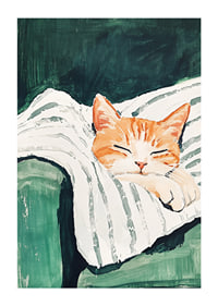 Ein Poster einer schlafenden orangefarbenen Katze auf einer gestreiften Decke-1