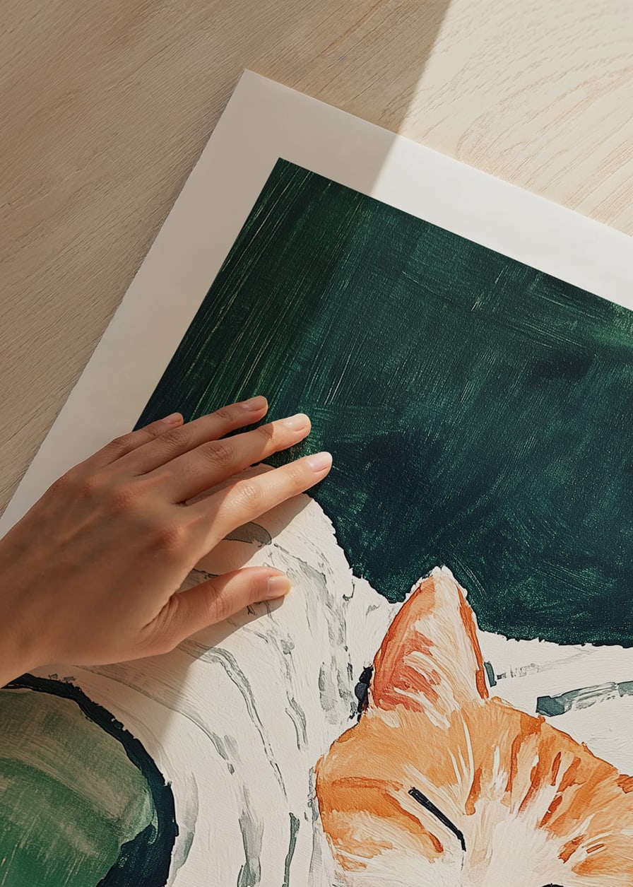 Ein Poster einer schlafenden orangefarbenen Katze auf einer gestreiften Decke-12