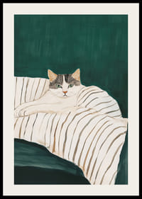 A poster of a gray and white cat on a striped blanket-2