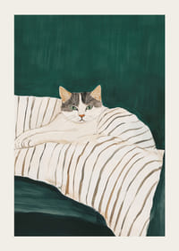 A poster of a gray and white cat on a striped blanket-3