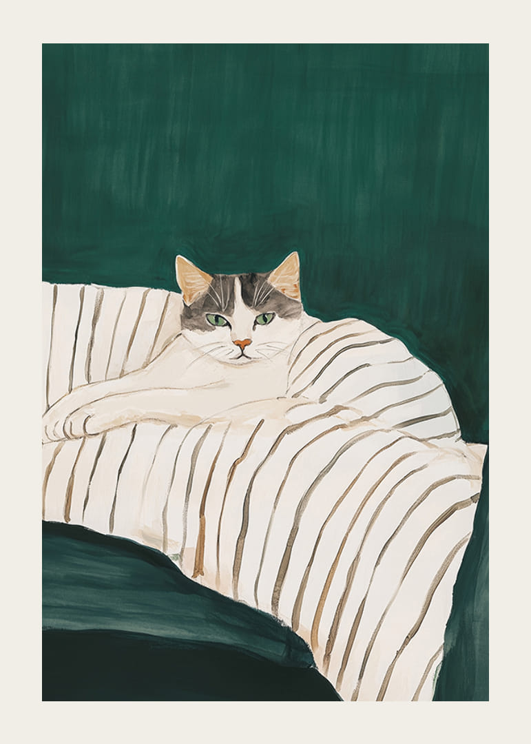A poster of a gray and white cat on a striped blanket-12