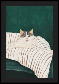 A poster of a gray and white cat on a striped blanket-4