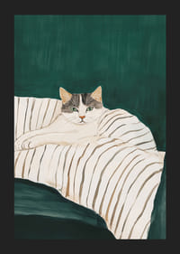 A poster of a gray and white cat on a striped blanket-5