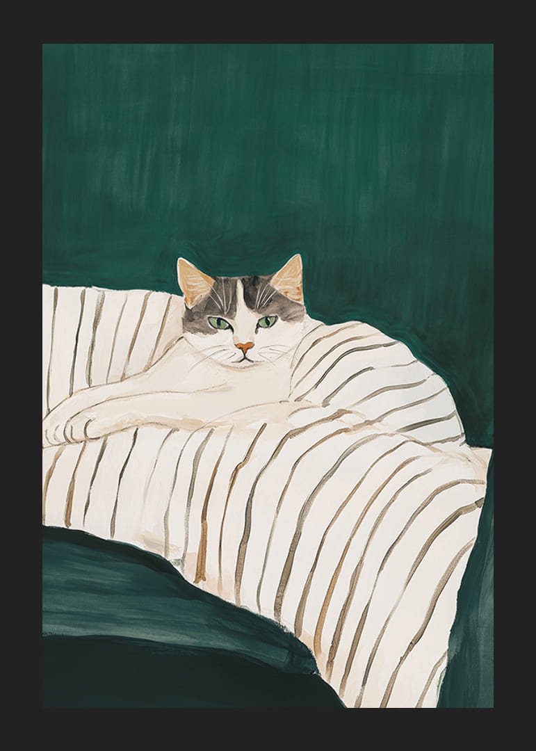 A poster of a gray and white cat on a striped blanket-12