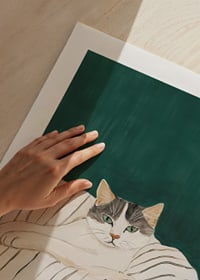 Pelēka un balta kaķa plakāts uz svītrainas segas-9