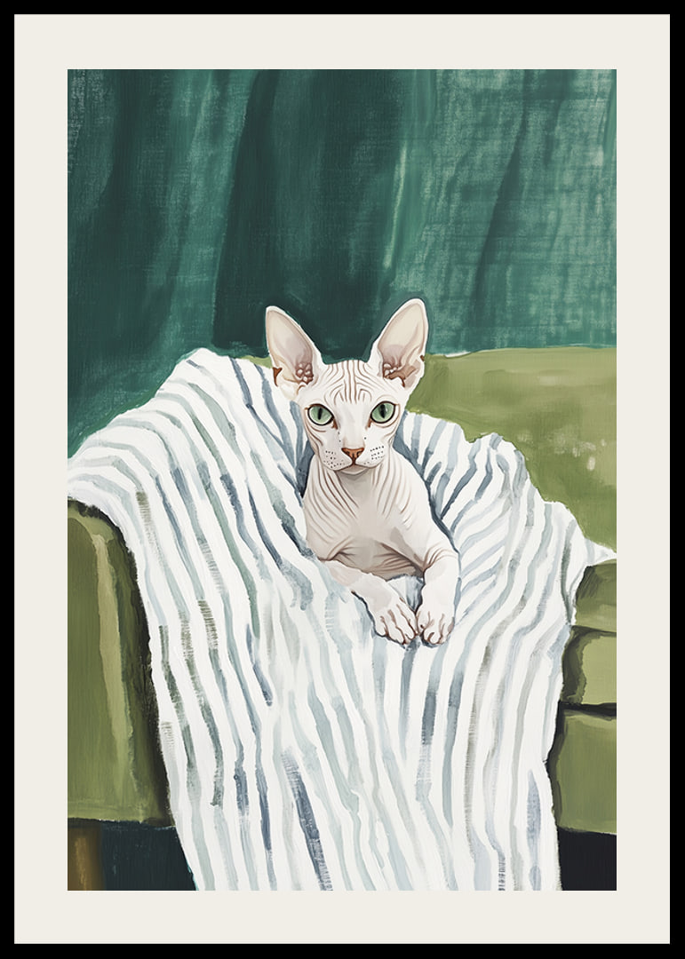 A poster of a sphynx cat on a striped blanket-12